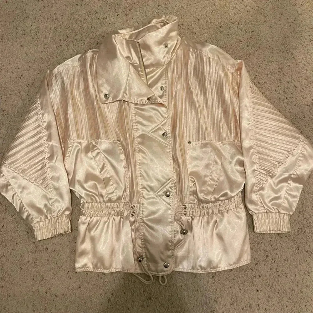 Lavon by Cheerful Corp Satin Cream 80s Bomber Jacket